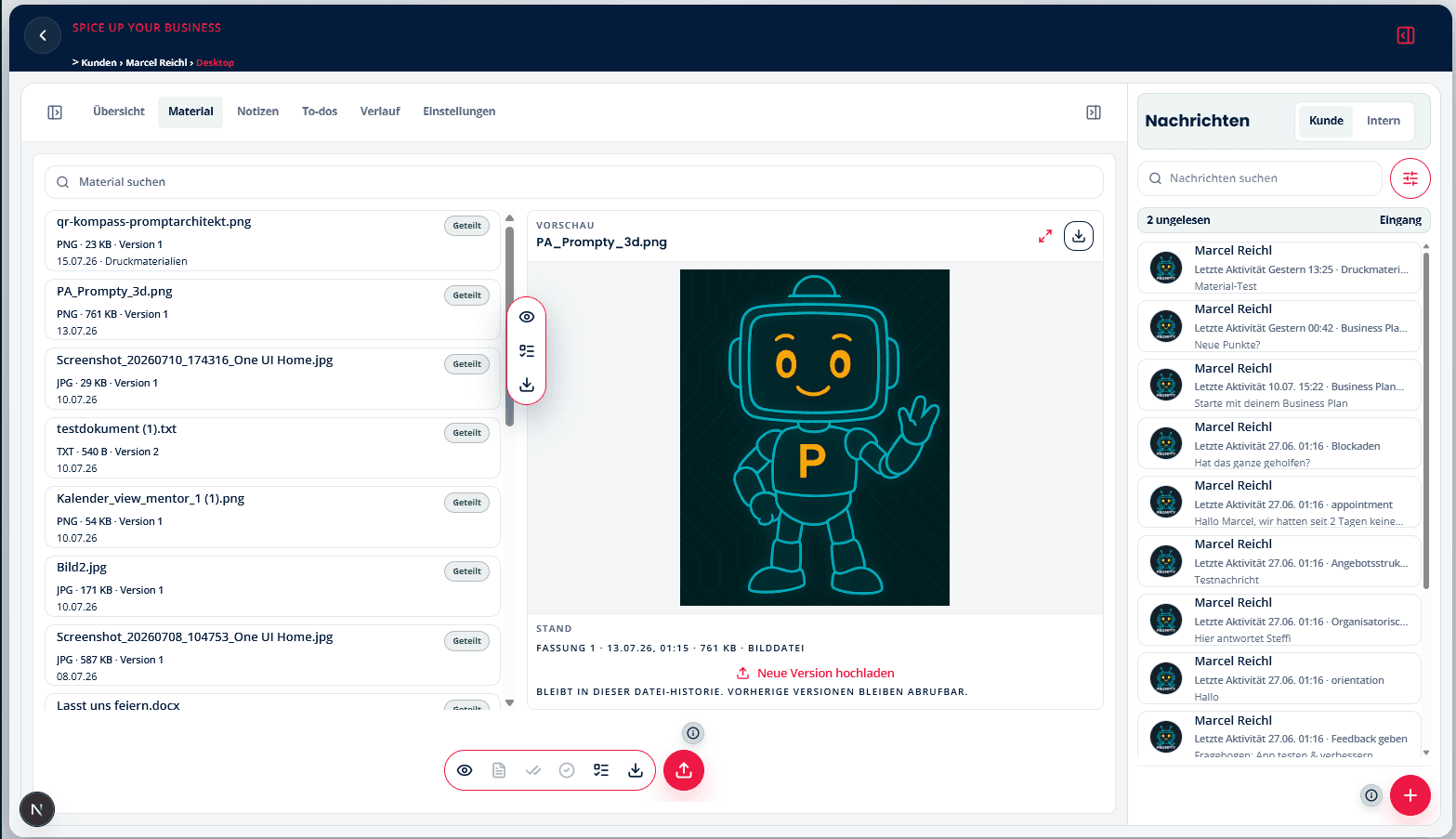 Desktopansicht der SpiceUp Mentor-App mit Materialliste, Dateivorschau und zugeordneten Kundennachrichten