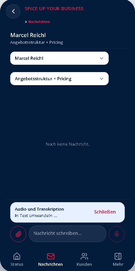 Mobile Nachrichtenansicht der SpiceUp Mentor-App mit Texteingabe und Speech-to-Text