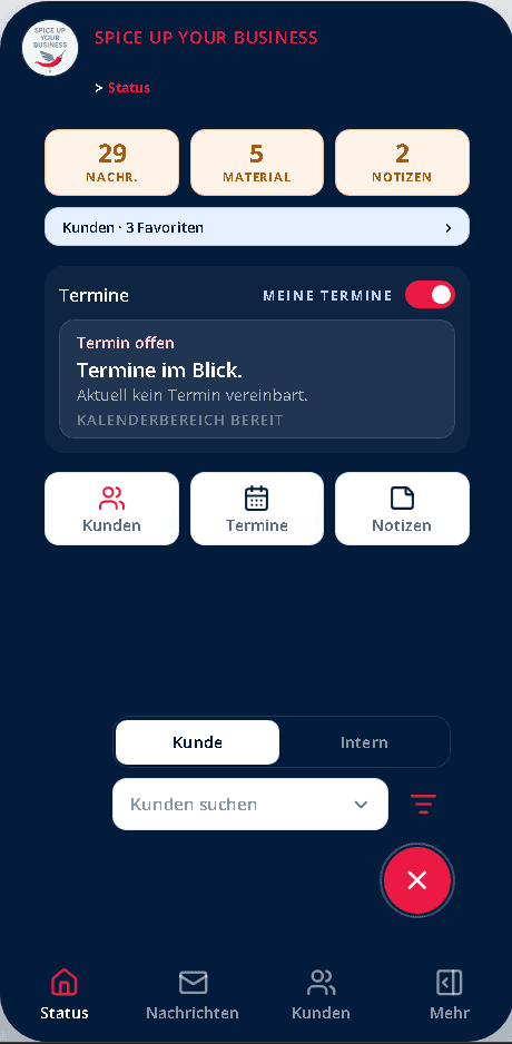 Mobile Mentor-Statusansicht der SpiceUp Kunden-App mit Nachrichten, Materialien, Notizen und Terminen
